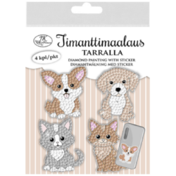 Timanttimaalaustarra Kissat ja koirat 4kpl Kuvioiden halkaisija on n. 6-7cm ja timanttien halkaisija on 3mm.