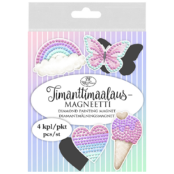 Timanttimaalausmagneetti Lila/pinkki 4kpl Kuvioiden halkaisija on n. 4-7cm ja timanttien halkaisija on 3mm.